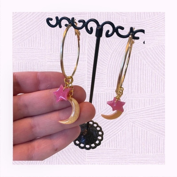 Pink and Gold Handmade Celestial Earrings - Hypoallergenic Moon and Star Hoops - Picture 3 of 4